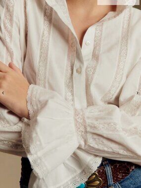 Sezane White Lace-Trim Ruffle Collar Lise Blouse in size 42